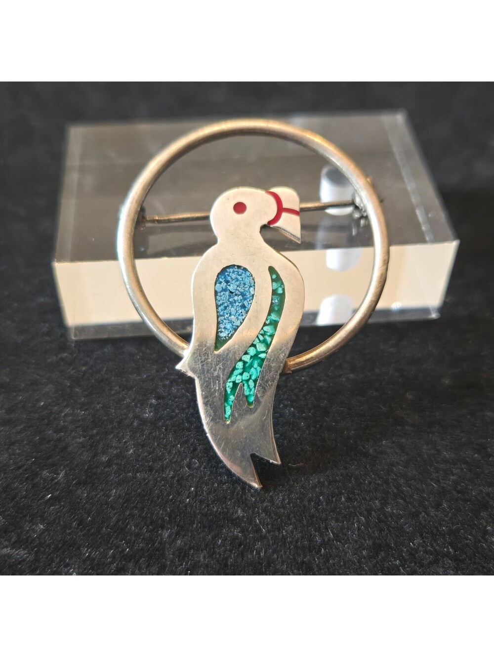 Vintage Taxco Mexico TDR 925 Sterling Silver Bird Stone Inlay Brooch Parrot Pin